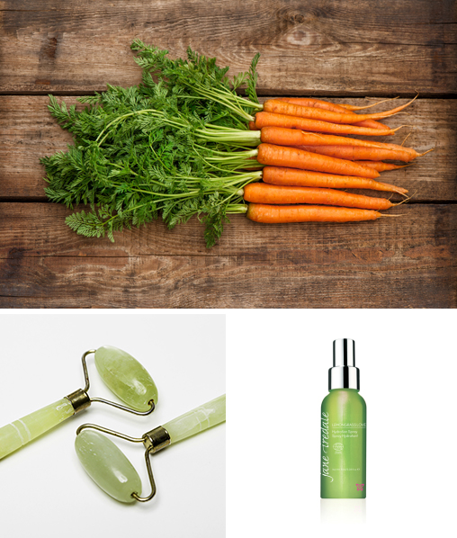 raw carrots, hydrating mist and jade rollers